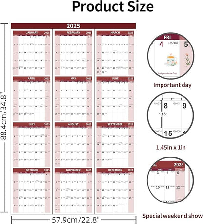 2025 Wall Calendar 34.8" x 22.8" Large Vertical Yearly Wall Hanging Calenda with Julian Date Thick Paper Calendar 12 Month Annual Wall Planner for Wall Office Fridge(Red)