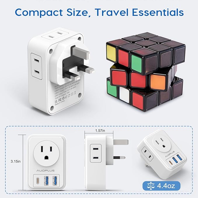 US to UK Plug Adapter 2 Pack, AUOPLUS Type G Ireland Travel Adapter with 4 Electrical Outlets 3 USB Charger, International Power Adapter, Cruise Ship Essentials for USA to Scotland England British