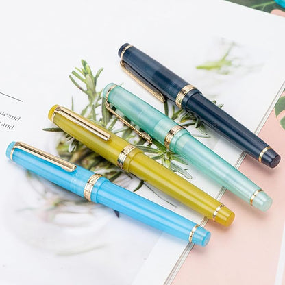 Jinhao 82 Acrylic Fountain Pen, Iridium Fine Nib with Ink Converter, Transparent Dark Blue Classic Design Smooth Writing Pen (Gold Trim)