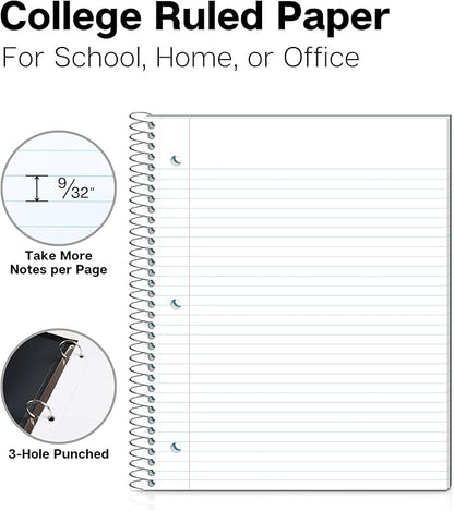 Dunwell 1 Subject College Ruled Notebooks, (3-Pack, Red, Blue, Black) Spiral Notebooks 8.5 x 11, Plastic Covers, Poly Pocket Dividers, 100 Sheets (200 Pages), 3-Hole Punched Perforated Paper