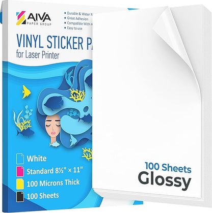 Printable Vinyl Sticker Paper for Laser Printer - Glossy White - 100 Self-Adhesive Sheets - Waterproof Decal Paper - Standard Letter Size 8.5"x11"