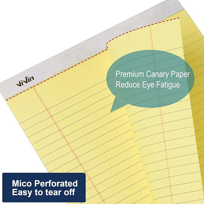 ViVin Legal Pads 8.5 x 11 Inch, Wide Ruled Note Pads, 6 Pack, 50 Sheet/Pad, Notepads for Office Home School, 300 Sheets, Perforated Writing Pads, Canary Yellow Paper