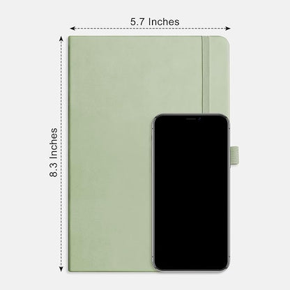 RETTACY Journaling Notebooks, A5 Lined Journal Notebook with 192 Numbered Pages, 5.7'' × 8.3'' Medium Size, for Writing, Work, Office, Leather Hardcover, 100 GSM Thick Paper (Light Green)