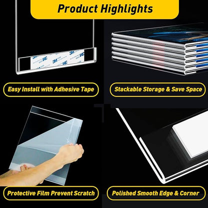 10 Pcs Acrylic Sign Holder 8.5 x 11, Vertical Wall Mount Sign Holders with 3M Adhesive, Clear Plastic Frames Paper Display Sign Holders for Office, Home, Store, Restaurant - No Drilling