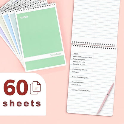 SUNEE Steno Pads 6x9 6 Pack, Gregg Rule, 60 Sheets, 6 Assorted Color Spiral Notebook 6x9, White Paper, Take Notes with Top Spiral Notebook, for School, University, College, Work, Office