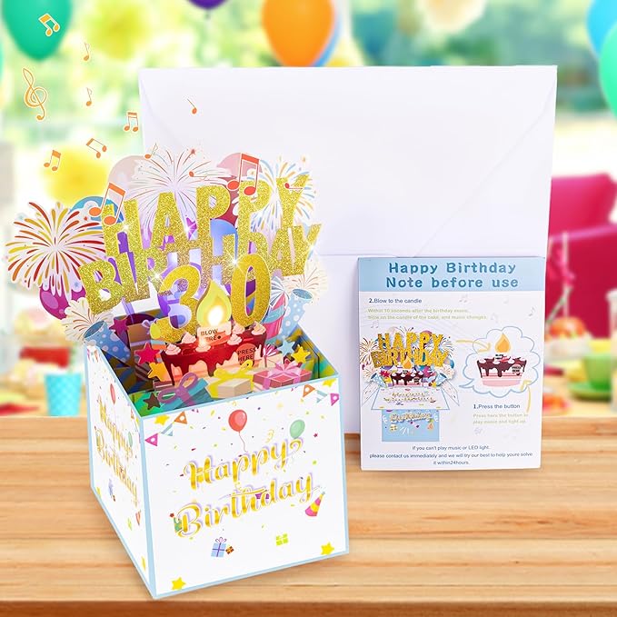 Tnvee 30TH Birthday Cards with Lights & Music & Candle, 3D Large Pop Up Happy Birthday Cards for Women Man Greeting Cards Decorations for 30 Years Old Mom Dad Wife Husband Friend