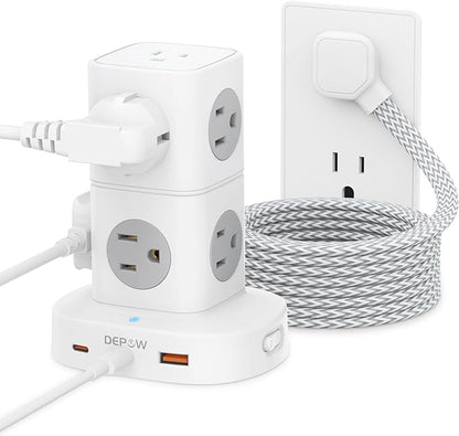 Power Strip Tower Surge Protector with 9 Outlets 3 USB (2 USB C), 5Ft Braided Extension Cord with Multiple Outlets, 1700J Surge Protection, Detachable Charging Station for Home Office Dorm