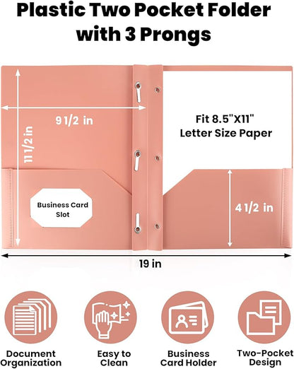 SUNEE 3-Prong Plastic Folders with Pockets (6 Pack, Vintage Colors) 2 Pocket Folders with Fasteners, Tear-Resistant Plastic Pockets, and Fit Letter Size Paper, Use for School Office Home Business