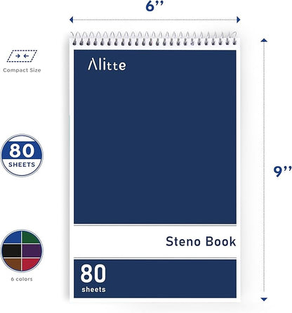 Steno Pads Spiral 6x9-12 Pack Assorted Bright Colors - Perfect for Work, School, and Home Use, Easy Tear-Off Pages, Gregg ruled, White Paper - No Ink Bleeds - 80 Sheets