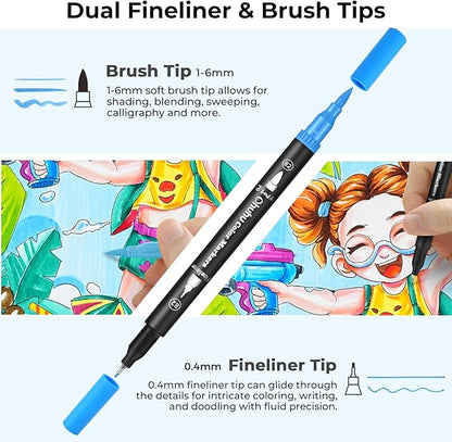 Ohuhu Markers: 160 Colors Brush Pens Dual Brush Fine Tip Drawing Pens Water-Based Coloring Markers for Calligraphy Bullet Journal with Carrying Case - Maui - Black