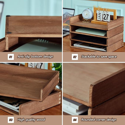 Yeaqee 4 Pcs Stackable Paper Tray Letter Tray Desktop Letter Size Wood Desk Organizer Office Wooden Desk Shelf Paper Holder Folder Organization Rack for Mail File Letter Document (Dark Wood Color)