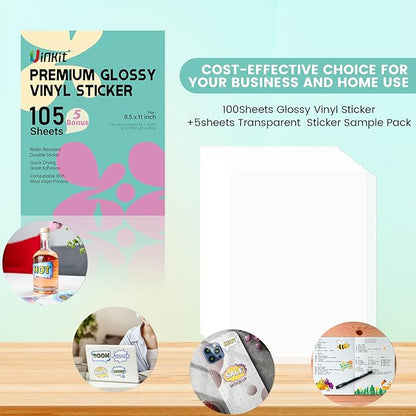 Uinkit 105 Sheets Premium Printable Vinyl Sticker Paper for Inkjet Printer Cricut,included 100Sheets Glossy and 5Sheets Transparent Label Waterproof Adhesive Dries Quickly Tear-Resistant, Removable