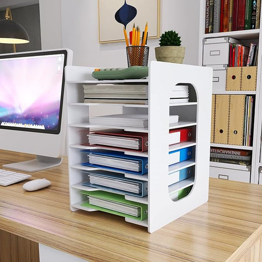 Natwind 7 Tiers Paper Organizer for Desk Desktop White File Holder Office Desk Organizer Mail Letter Tray & Paper Sorter Document Notebooks Storage Rack for Home Office School Classroom