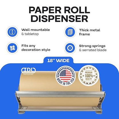 IDL Packaging 18" Kraft Paper Roll Dispenser & Cutter for Rolls up to 18" Wide and 9" in Diameter – Tabletop Reinforced Steel Paper Holder with a Cutter – for Kraft and Butcher Paper