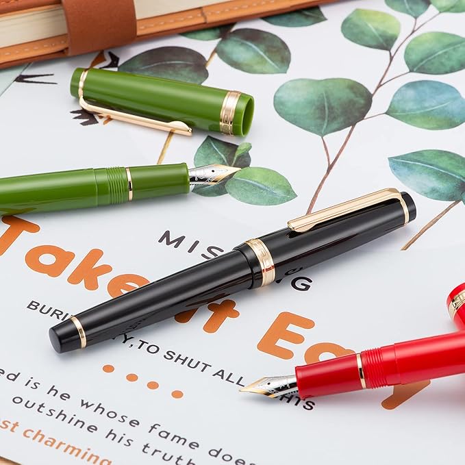 Jinhao 82 Avocado Green Acrylic Fountain Pen, Iridium Medium Nib Classic Design Smooth Writing Pen with Ink Converter (Gold Trim)