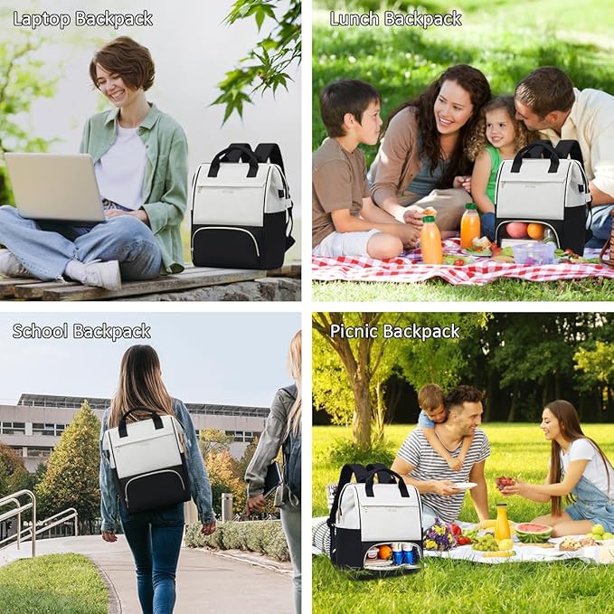 OIWAS Lunch Backpack for Women, 15.6 inch Laptop Backpack Insulated with USB Port, Work Backpack with Insulated Cooler Lunch Bag for Men Travel Work Travel Picnics Hiking, Beige Black