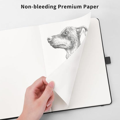 RETTACY Blank Journal Notebook, A5 Blank Journal with 192 Pages, 5.7'' × 8.3'' Medium Size, 68 LB/100 GSM Thick Paper, Leather Hardcover, for Sketching, Drawing, Painting (Black)