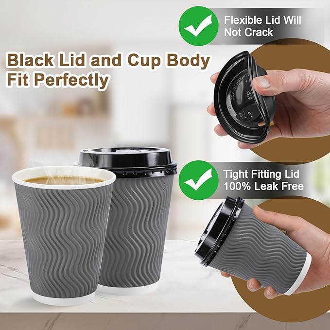 500 Pack Coffee Cups with Lids 12oz, Disposable Insulated Ripple Wall To Go Paper Coffee Cups for Hot/Cold Drinks Office Home Shop Event (Grey)