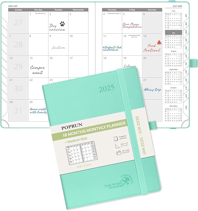 POPRUN Monthly Planner 2025-2026 (Medium- 6.5'' x 8.5'' Soft Cover), 18-Month Calendar Book (January 2025-June 2026), Calendar Planner with Monthly Tabs & Pocket, 100 GSM Paper - Green