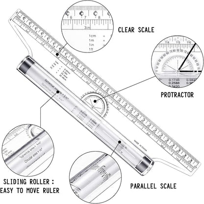 Frienda 2 Pieces Plastic Measuring Rolling Ruler Drawing Parallel Multifunctional Drafting Ruler for Architect Office Math(12 Inch)