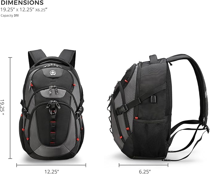 Swissdigital Design Large Business Laptop Backpack with Smart USB Charging Port, Travel Backpack Fits 15.6 inches laptops, Water Repellent College Backpack for Men Women (VECTOR SD803-02 Black/Grey)