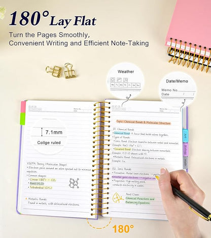 5 Subject Notebook College Ruled with Removable Pocket Dividers Tabs, 240 Pages Spiral Notebook 8.5 x 11, Lined Journal Notebook for Women , Hardcover Notebooks for Work School Note taking A4 Purple