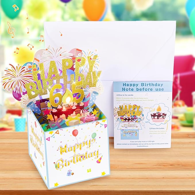 Tnvee 65TH Birthday Cards with Lights & Music & Candle, 3D Large Pop Up Happy Birthday Cards for Women Man Greeting Cards Decorations for 65 Years Old Mom Dad Wife Husband Friend