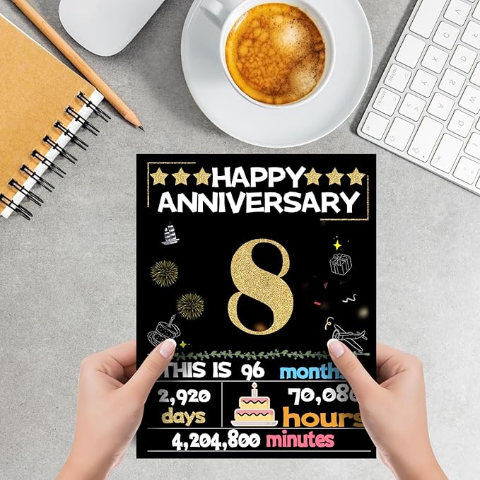 Joycard 8th Anniversary Card for Women Men, Gold Wedding Card for Wife Husband, Sweet Marriage Decorations Gifts for Couple, Perfect for Her Him on Anniversary Day, Back in 2017