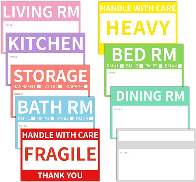 2” x 3’’ Removable Waterproof Home Moving Box Packing Labels for 1/2/3/4 Bedroom Rooms, 9 Designs Color-Coded Moving Stickers Including Fragile 、Heavy and Blank Labels (300 Labels)
