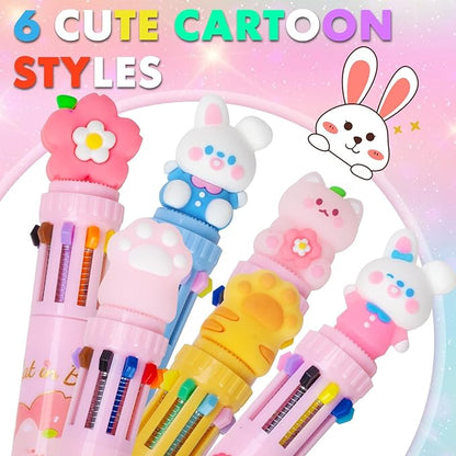 Multicolor Ballpoint Pen 0.7 mm, 10-in-1 Colored Pens Fine Point Retractable Cute Cartoon Ballpoint Pens for Office School Students Kids Christmas Gift, 6 Pack
