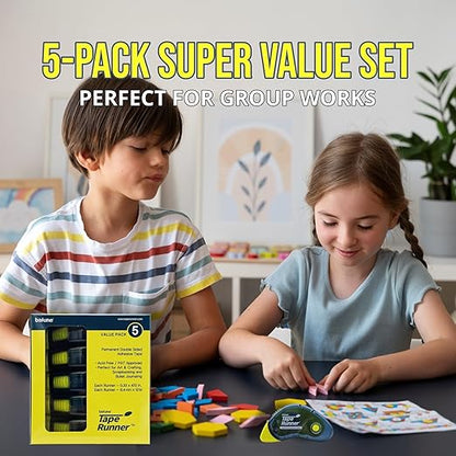 Tape Runner - Double Sided Adhesive with Dispenser Roller Included - Acid Free, Sticky, Clear & Transparent - Ideal for Scrapbooking, Crafts & More - Boomerang (417 inches per cartridge), 5 Cartridges