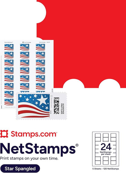 Star Spangled NetStamps 120-Pack (5 Sheets) Printable Postage Labels (Stamps.com Subscription Required) - Print Approved Postage - Inkjet & Laser Printers - Business, Personal, Home