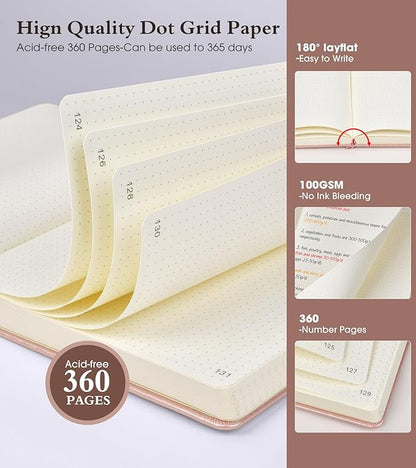 Dotted Journal Notebook, 360 Numbered Pages Bullet Dot Grid Journals, 100gsm Dot Paper Thick Hardcover Leather Journal for Writing Women Men, B5 Big Dotted Grid Notebooks 7.6'' X 10'' Pink