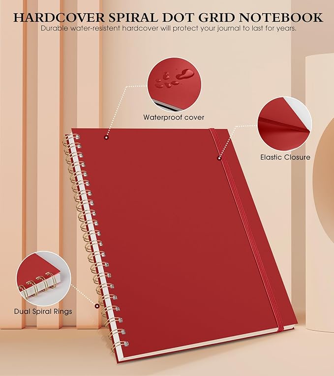 Dotted Notebook, Spiral Notebook Journal 8.5” x 11”, A4 Large Dot Grid Notebooks for Women Men, 100 GSM Dotted Paper, Plastic Hardcover Spiral Bullet Dotted Journals for Work School Sketching, Red