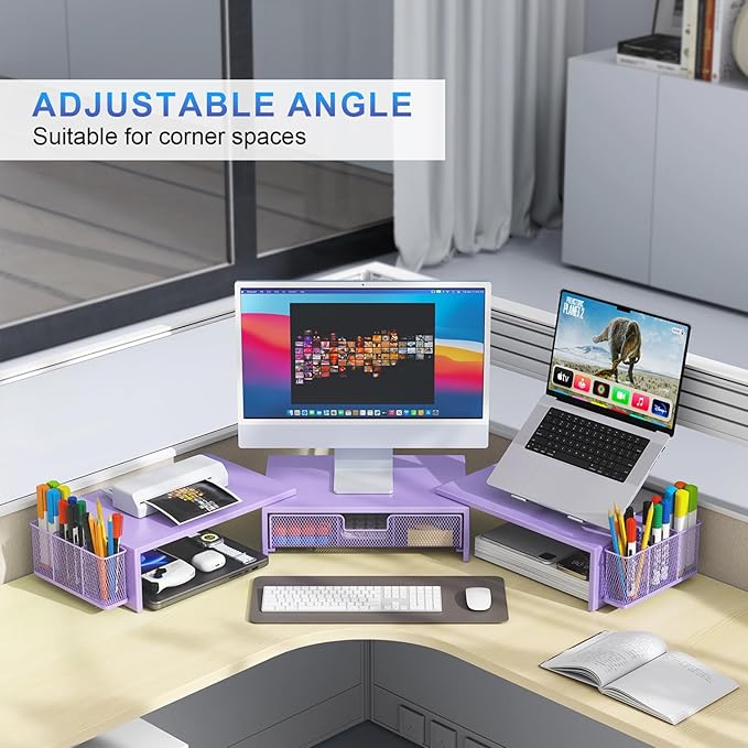gianotter Dual Monitor Stand Riser, Desk Organizer With Drawer and 2 Pen Holders, Desk Organizers and Accessories, Purple Office Decor (Purple)