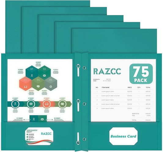 Two Pocket Folders, RAZCC 75 Pack Two Pocket Folders with Prongs, 3 Prong Folders Fit Letter Size Paper, Pocket File Folders for School Office Home Business, Turquoise