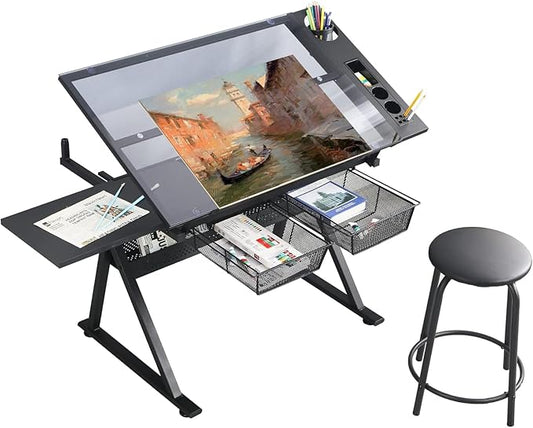 LifeSky Drafting Table Adjustable for Artists - Art Drawing Desk with Storage for Painting Sketching - Glass Top for Painters Illustrators Cartoonists Black
