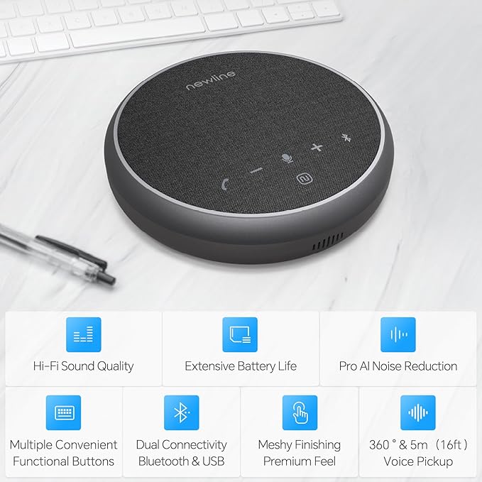 Conference Speaker and Microphone, Bluetooth Speaker with Microphone, 360° Voice Pickup, AI Noise Reduction, Dual Connectivity, USB C Conference Room Microphone for Meetings, NewPie