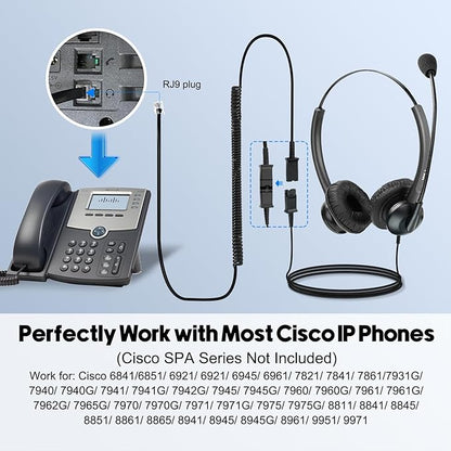 MKJ Headset for Cisco Phones Dual Ear Landline Headset with Noise Cancelling Microphone for Cisco Telephone CP-7821 7841 7941G 7942G 7945G 7960 7961G 7962G 7965G 7971G 7975G 8841 8865 9971