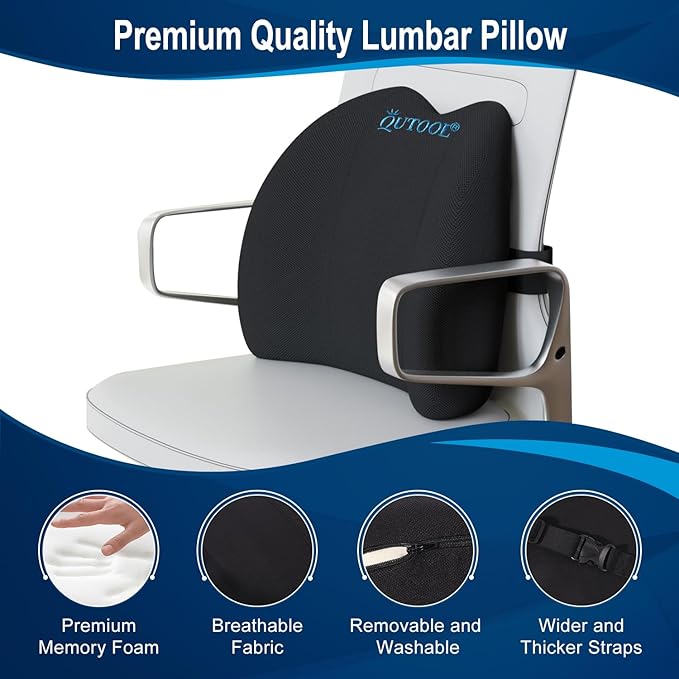 QUTOOL Lumbar Support Pillow for Office Chair, Memory Foam Low Back Support for Car,Back Pain Relief, Ergonomic Back Cushion for Desk Chair,Gaming Chair,Adjustable Strap and Washable Cover
