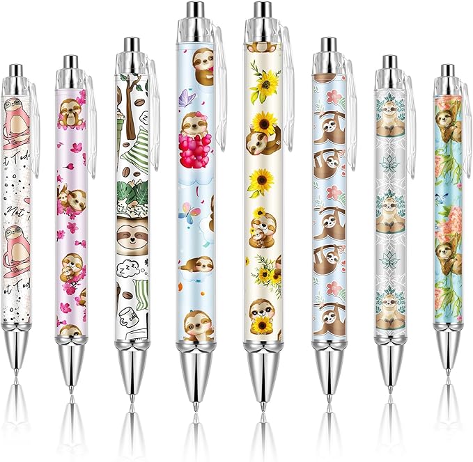 Ireer 8 Pcs Ballpoint Pens for Women 1.00 mm Cute Black Ink Fancy Pens Fine Point Smooth Writing for Journaling Aesthetic Office Supplies(Sloth)