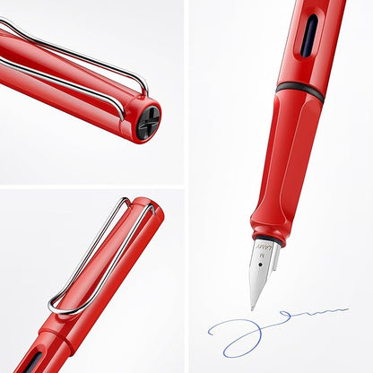 LAMY safari red - Fountain Pen with ergonomic grip & polished steel nib in size B - ideal for any Writing & Calligraphy - including LAMY T 10 blue cartridge - Right-Handed