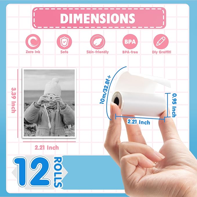 Thermal Paper,𝟏𝟐 𝐑𝐨𝐥𝐥𝐬 Kids Instant Camera Refill Print Paper, Atnadov HD Thermal Paper for Most Kids Instant Camera (White-12 Rolls)