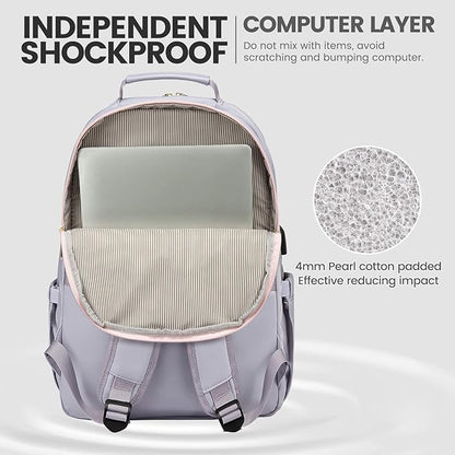 LOVEVOOK Laptop Backpack for Women 17.3 inch,Cute Womens Travel Backpack Purse,Professional Laptop Computer Bag,Waterproof Work Business College Teacher Bags Carry on Backpack with USB Port,Grey Pink