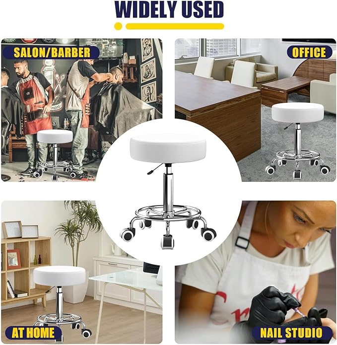 Rolling Stool, Heavy Weight Capacity 250lb, PU Leather Rolling stools, Ultra Soft Padded Seat, Rolling Stools with Wheels and Footrest, 360° Swivel, Spa Drawing Salon Work Office Tattoo Stool (white)