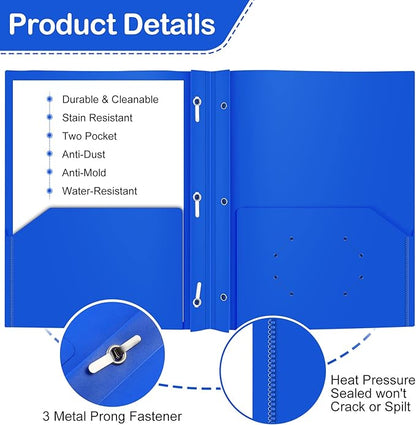 Heavy Duty Plastic Folder, 60 Pack, Pocket Folder with brads, Letter Size Poly File, Plastic Folders with 3 Prongs Fasteners - Blue