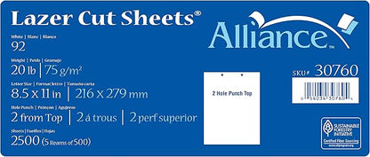 Prepunched Paper Alliance Laser Cut Sheet 2 Hole Top Punch 8.5 x 11 inch, 20 lb, 92 Bright, 80 Cartons, 200,000 sheets