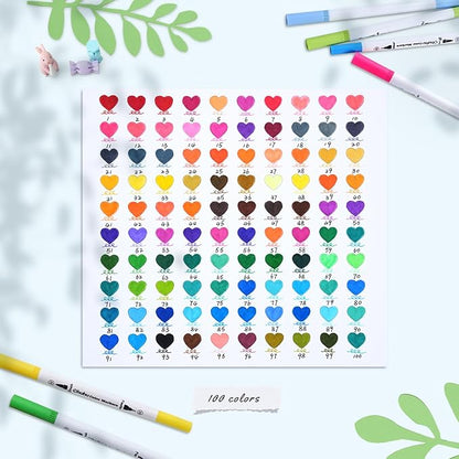 Ohuhu Markers for Adult Coloring Books No Bleeding 100 Colors Coloring Markers Water-based Dual Tips Fineliner & Brush Drawing Pens Art Markers for Kids Adults Sketch Journal - Maui - White