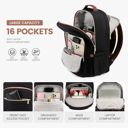 LOVEVOOK Laptop Backpack for Women 17.3 inch,Cute Womens Travel Backpack Purse,Professional Laptop Computer Bag,Waterproof Work Business College Teacher Bag Carry on Backpack with USB Port,Black Brown