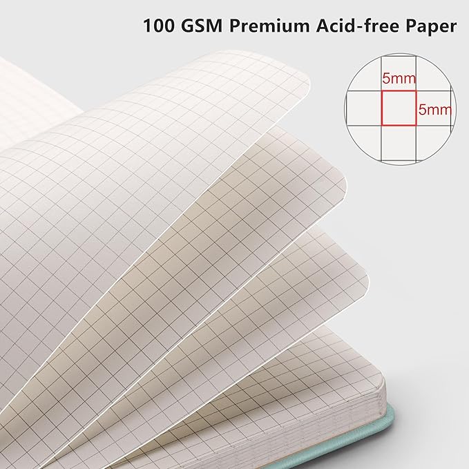 RETTACY Graph Paper Notebook, A5 Grid Notebook Journal with 192 Pages, 5.7'' × 8.3'', Medium Size, Leather Hardcover, 100 GSM Thick Paper, for Students, Homework, Math, Engineering (Blue-gray)